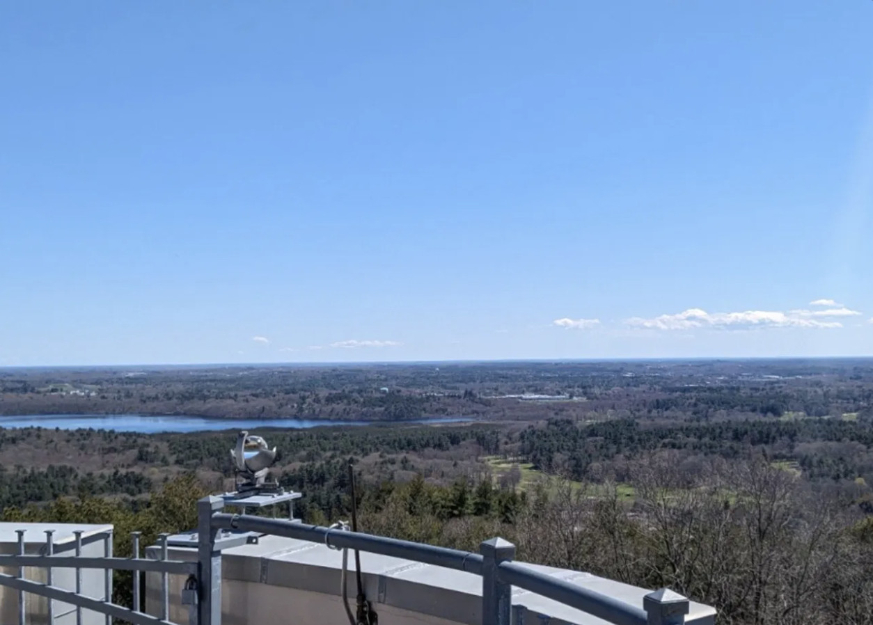 View from the Blue Hill Observatory roof deck on Boston Marathon day, April 21, 2026