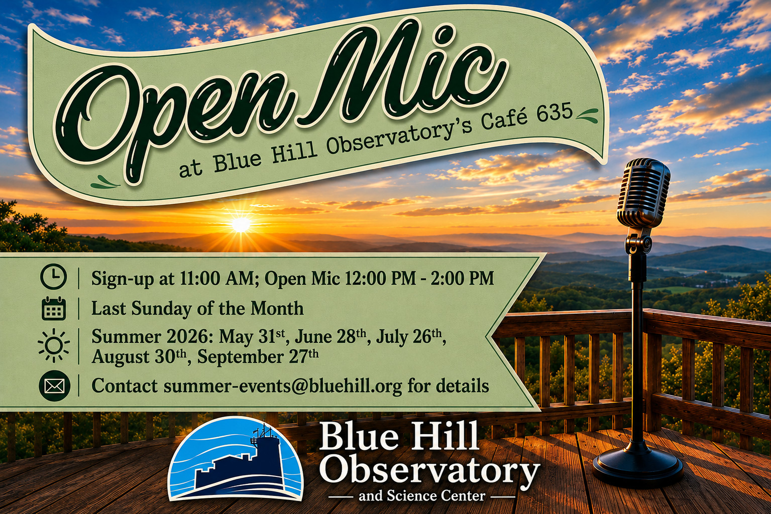 Open Mic at Blue Hill Observatory's Café 635 — last Sunday of each month, summer 2026