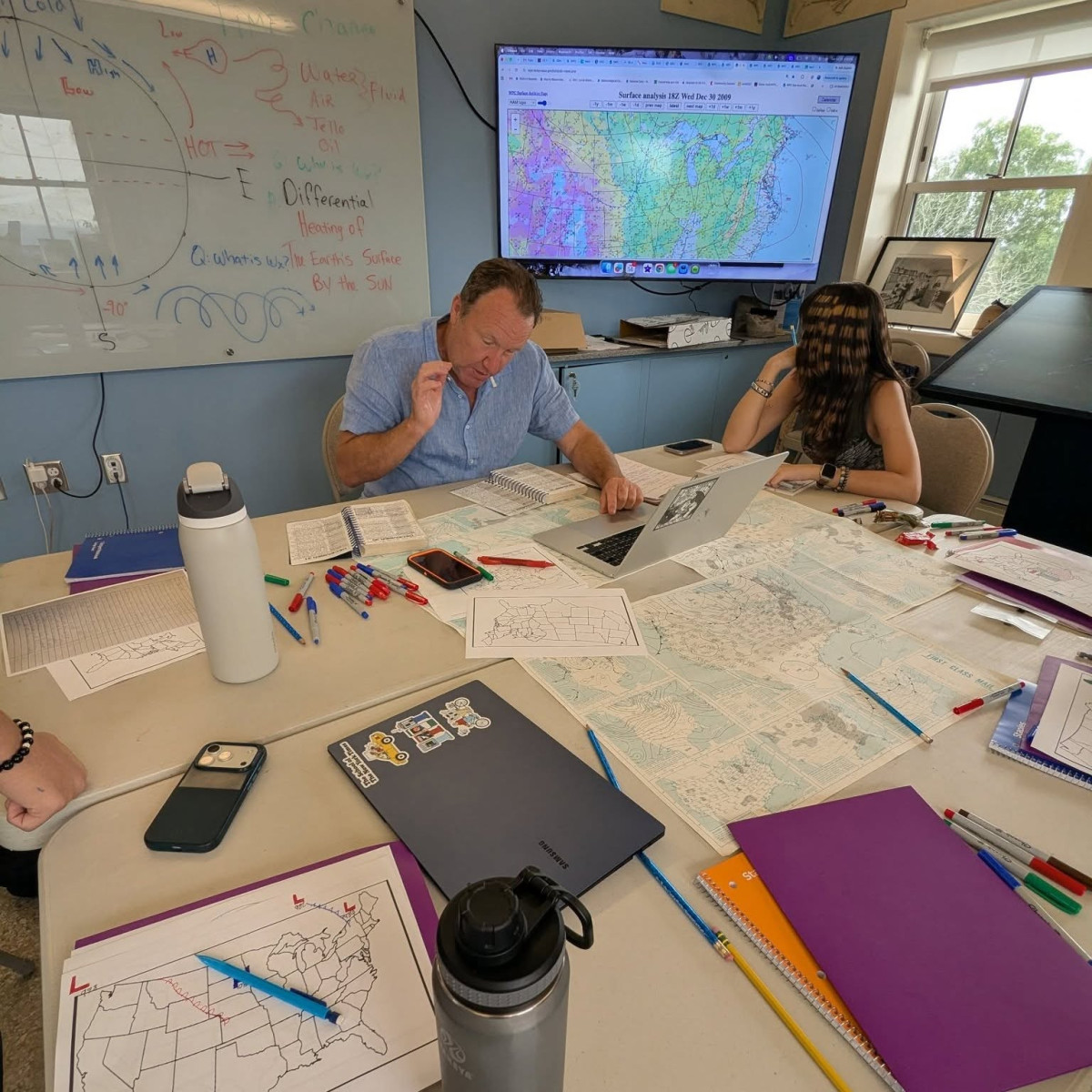 LYMC students working through hand-drawn weather map analysis during a forecasting workshop