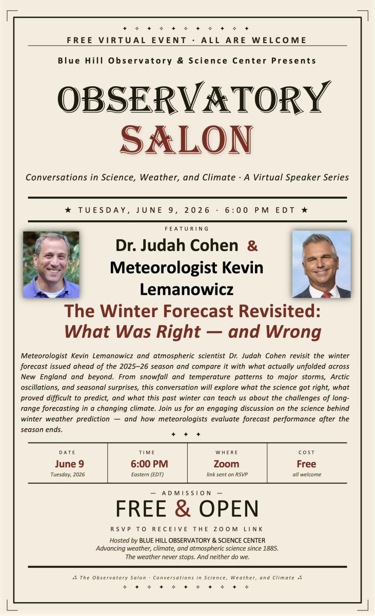 Observatory Salon — Dr. Judah Cohen and Meteorologist Kevin Lemanowicz — The Winter Forecast Revisited: What Was Right and Wrong — Tuesday June 9, 2026, 6:00 PM EDT, Free Virtual Event on Zoom