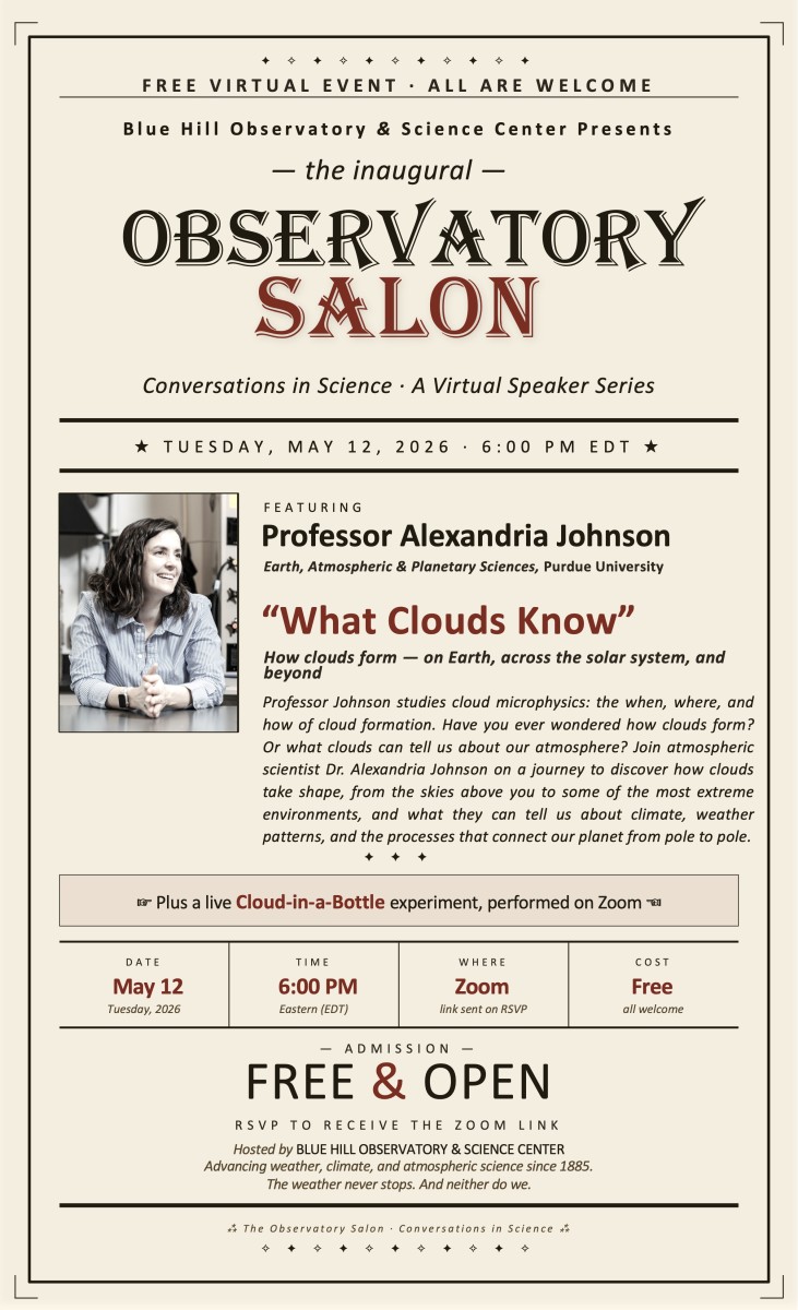 Observatory Salon inaugural event poster — Professor Alexandria Johnson, What Clouds Know. Tuesday May 12, 2026, 6:00 PM EDT. Free virtual event on Zoom.
