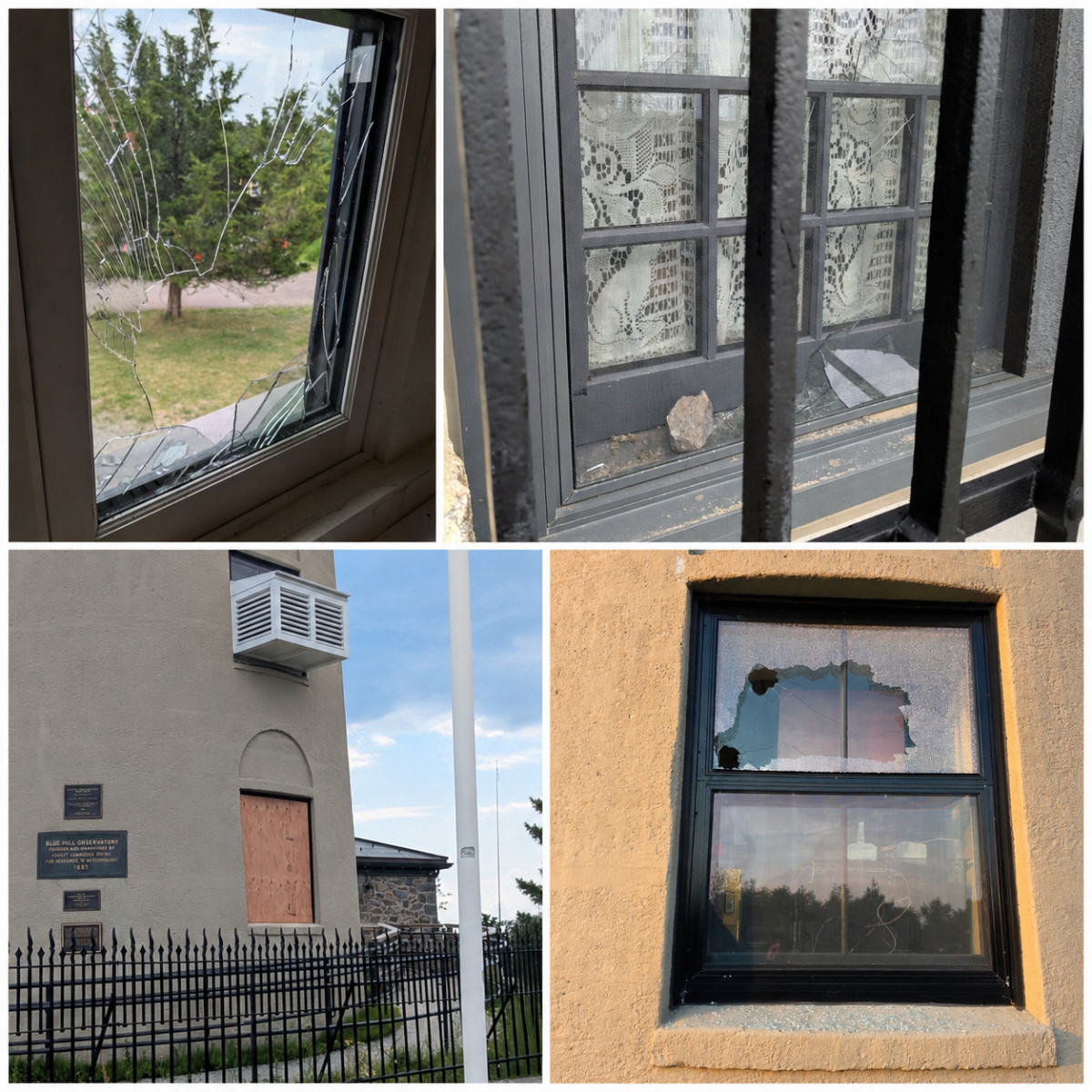 Four photos documenting damage from the vandalism incident at Blue Hill Observatory: two close-up views of broken windows, the historic building's front door boarded up for security, and a shattered exterior window